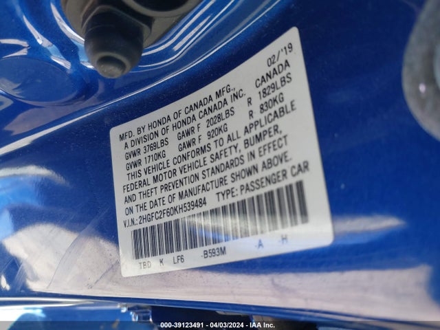 Honda Civic Lx 2019 2HGFC2F60KH539484 Image 9