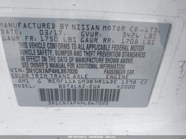 Nissan Versa 1.6 S+ 2017 3N1CN7AP4HL867020 Image 9