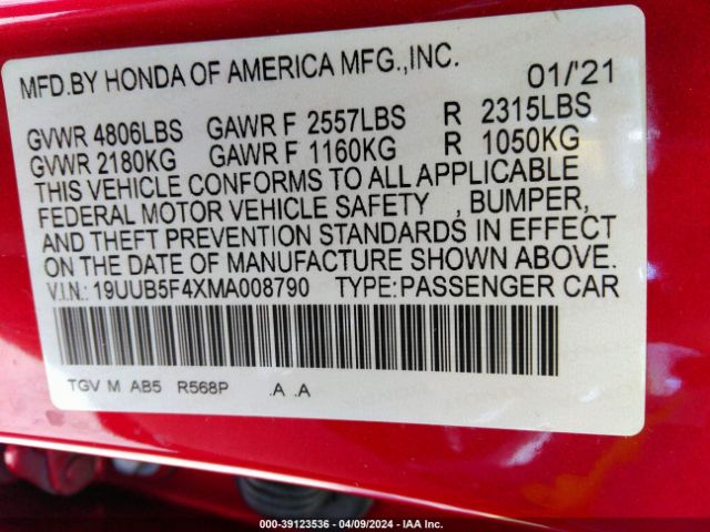 19UUB5F4XMA008790 Acura Tlx Technology Package