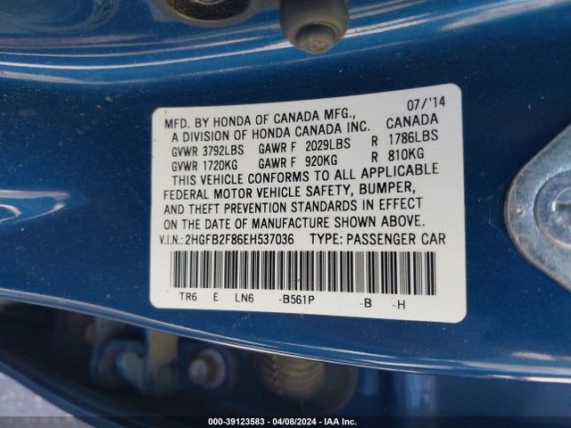 Honda CIVIC EX 2014 2HGFB2F86EH537036 Image 9