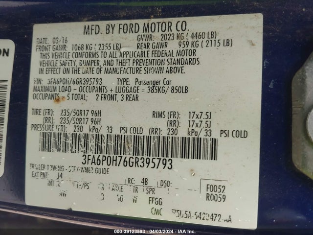 Ford FUSION SE 2016 3FA6P0H76GR395793 Image 9