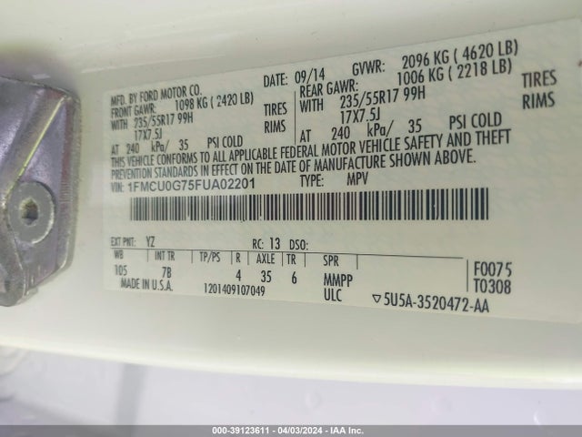 Ford ESCAPE SE 2015 1FMCU0G75FUA02201 Image 9