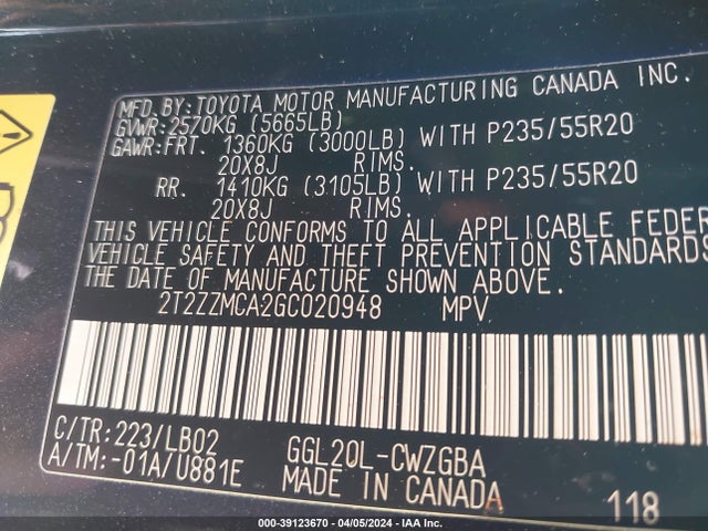 2T2ZZMCA2GC020948 Lexus RX 350