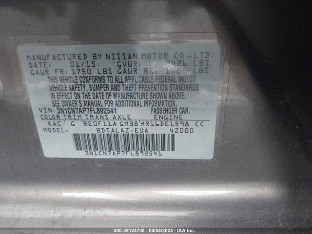 Nissan Versa 1.6 S+ 2015 3N1CN7AP7FL892541 Image 9