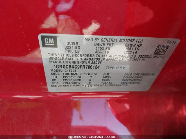 Chevrolet Tahoe Lt 2015 1GNSCBKC9FR706124 Image 9