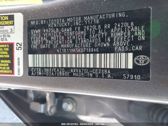 Toyota CAMRY SE 2019 4T1B11HK5KU718846 Image 9
