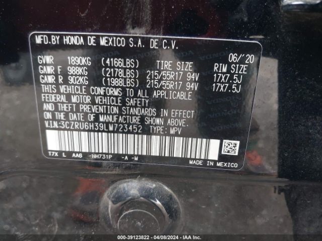3CZRU6H39LM723452 Honda Hr-v Awd Lx