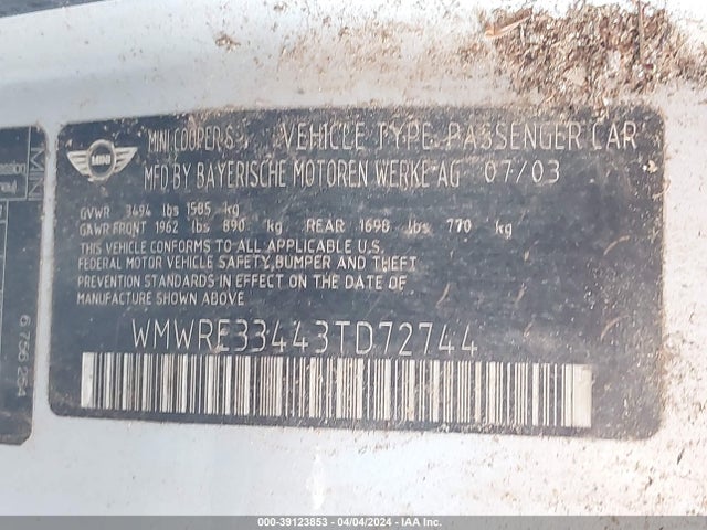 2003 MINI COOPER S WMWRE33443TD72744 Photo 8