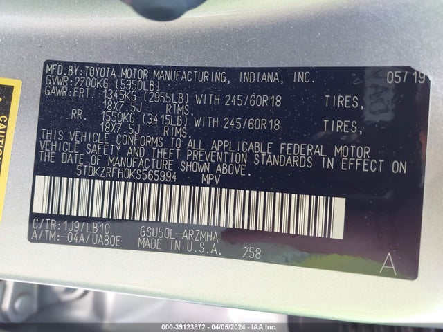 Toyota Highlander Xle 2019 5TDKZRFH0KS565994 Image 9