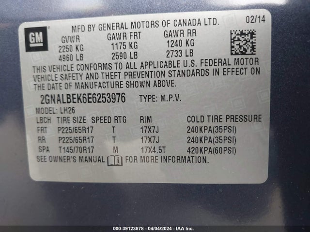 Chevrolet EQUINOX 1LT 2014 2GNALBEK6E6253976 Image 9
