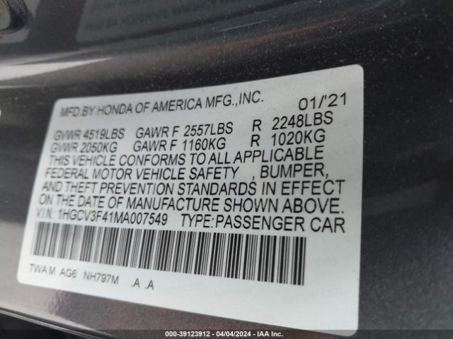 1HGCV3F41MA007549 Honda Accord Hybrid Ex