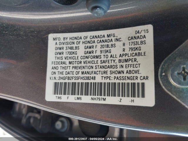 Honda Civic Lx 2015 2HGFB2F55FH538248 Image 9