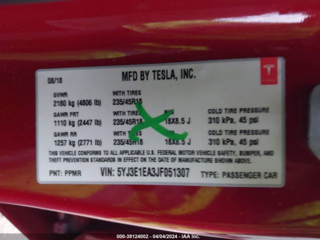 5YJ3E1EA3JF051307 Tesla Model 3 Long Range/mid Range