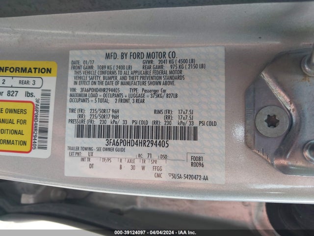 Ford FUSION SE 2017 3FA6P0HD4HR294405 Image 9
