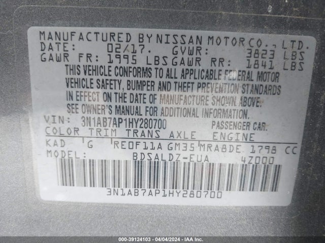 Nissan SENTRA SV 2017 3N1AB7AP1HY280700 Image 9
