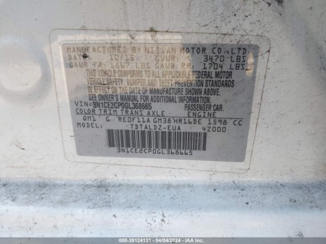 3N1CE2CP0GL368665 Nissan Versa Note S (sr)/s Plus/sl/sr/sv