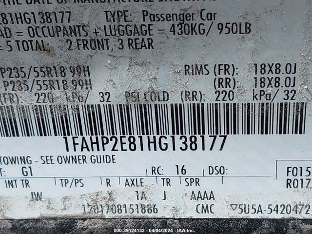 Ford TAURUS SEL 2017 1FAHP2E81HG138177 Image 9