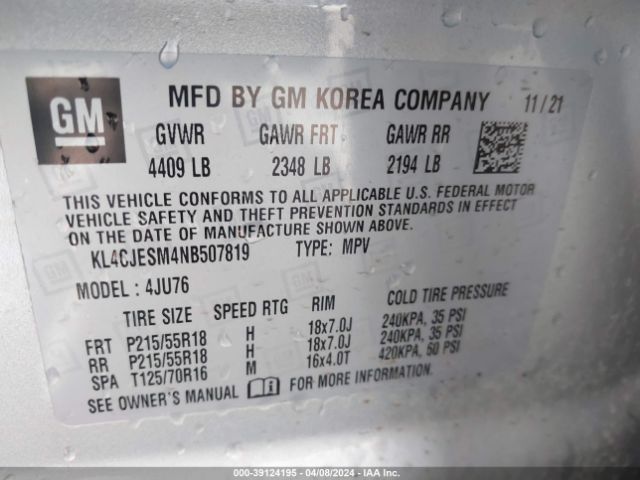 KL4CJESM4NB507819 Buick Encore Awd Preferred