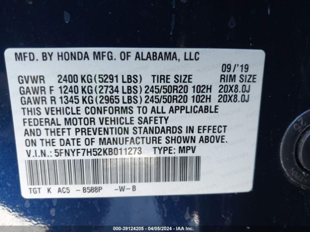 5FNYF7H52KB011273 Honda Passport Ex-l