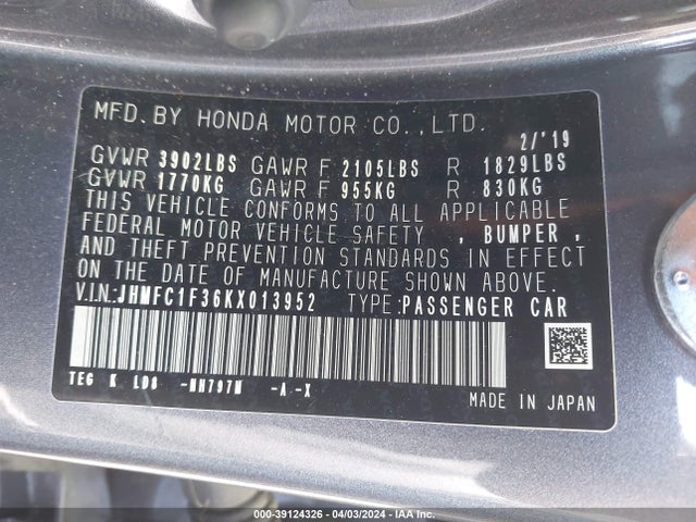 Honda CIVIC EX 2019 JHMFC1F36KX013952 Image 9