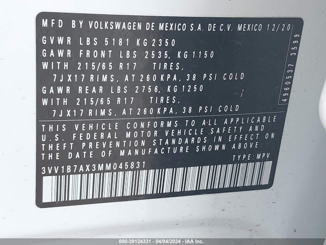 3VV1B7AX3MM045831 Volkswagen Tiguan 2.0t S
