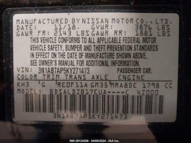 Nissan SENTRA SV 2019 3N1AB7AP5KY271473 Image 9