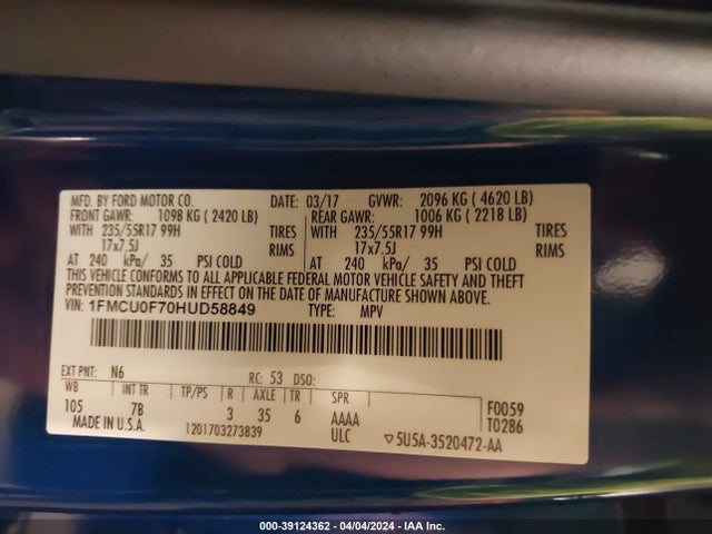 Ford ESCAPE S 2017 1FMCU0F70HUD58849 Image 9