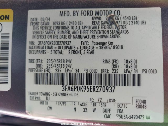 3FA6P0K95ER270937 Ford Fusion Titanium