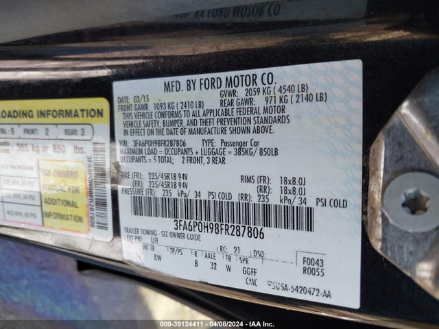 Ford FUSION SE 2015 3FA6P0H98FR287806 Image 9