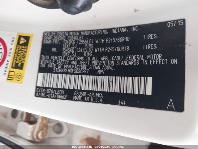 Toyota Highlander Xle V6 2015 5TDKKRFHXFS090977 Image 9
