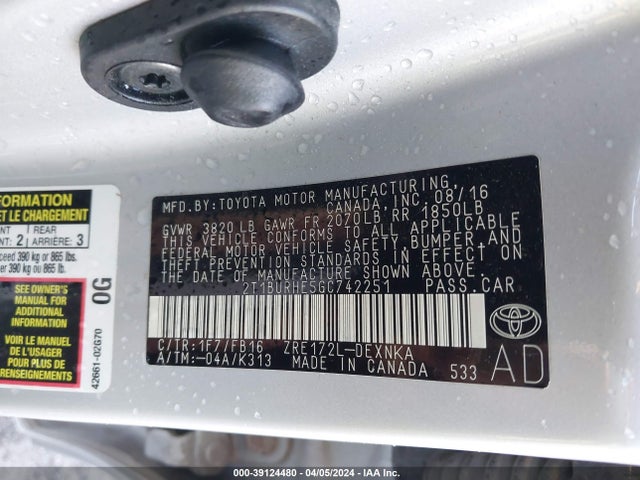 Toyota COROLLA LE 2016 2T1BURHE5GC742251 Image 9