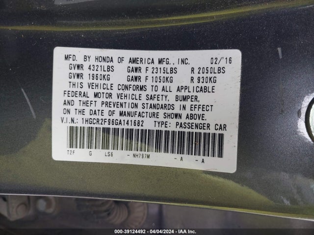 Honda Accord Ex-l 2016 1HGCR2F96GA141682 Image 9