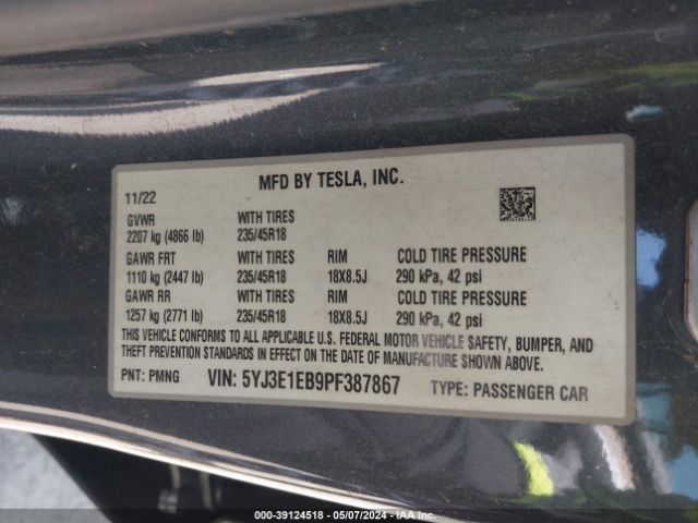 5YJ3E1EB9PF387867 Tesla Model 3 Long Range Dual Motor All-wheel Drive