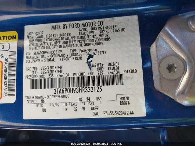 Ford FUSION SE 2017 3FA6P0H93HR333125 Image 9