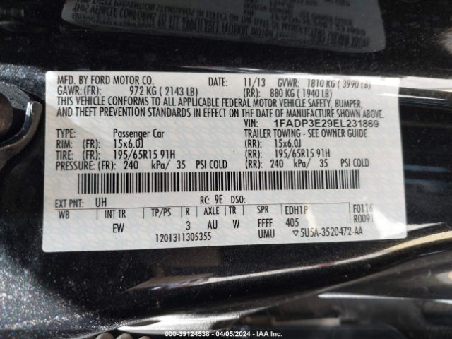 1FADP3E29EL231869 Ford FOCUS S