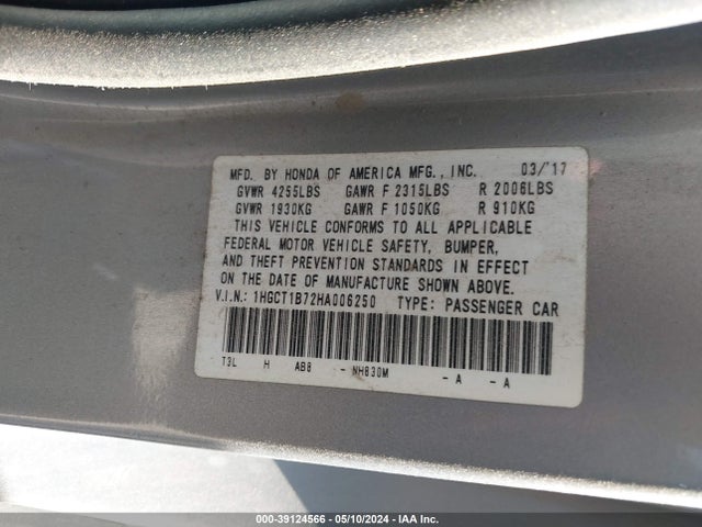 Honda ACCORD EX 2017 1HGCT1B72HA006250 Image 9