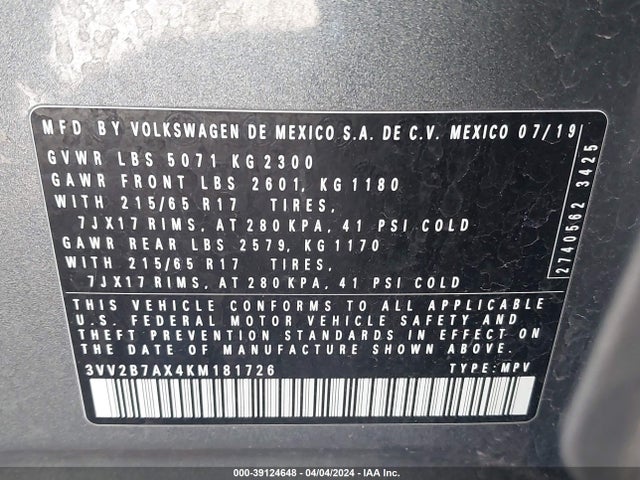 3VV2B7AX4KM181726 Volkswagen Tiguan 2.0t Se/2.0t Sel/2.0t Sel R-line/2.0t Sel R-line Black