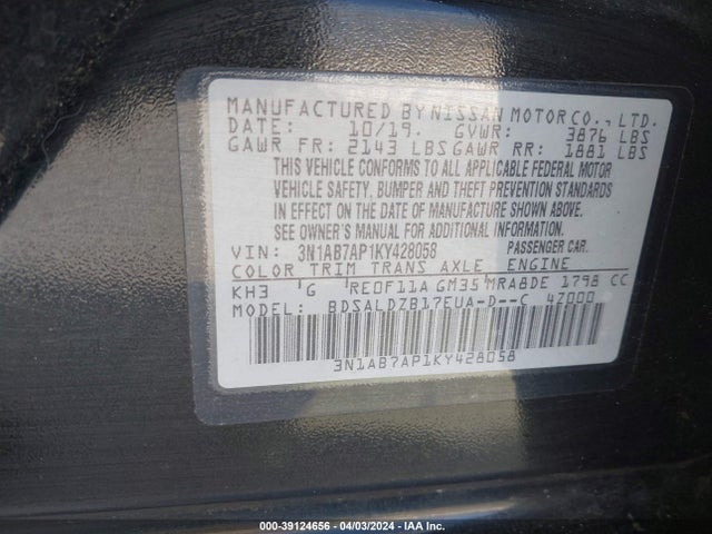 Nissan SENTRA SV 2019 3N1AB7AP1KY428058 Image 9