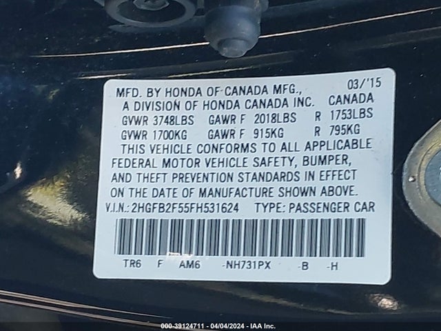 Honda Civic Lx 2015 2HGFB2F55FH531624 Image 9