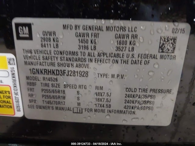 Chevrolet Traverse 2lt 2015 1GNKRHKD3FJ281928 Image 9