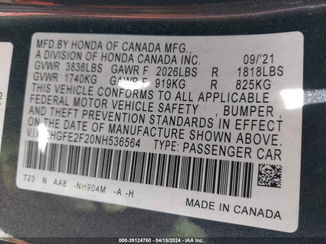 Honda Civic Lx 2022 2HGFE2F20NH536564 Image 9