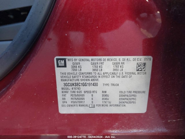 Chevrolet Silverado 1500 2lz 2016 3GCUKSEC1GG191430 Image 9