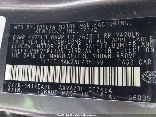 Toyota CAMRY SE 2022 4T1T11AK7NU715059 Image 9