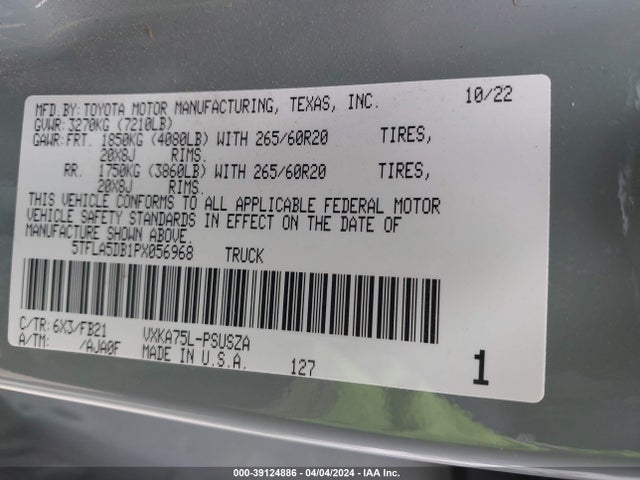 Toyota Tundra Sr5 2023 5TFLA5DB1PX056968 Image 9