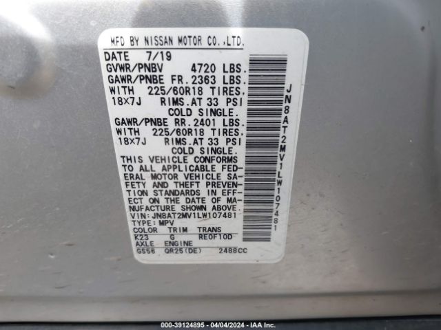 JN8AT2MV1LW107481 Nissan Rogue Sv Intelligent Awd