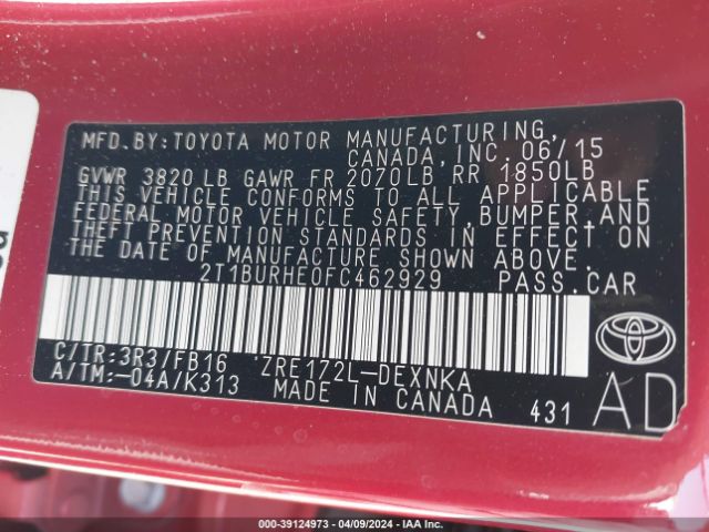 2T1BURHE0FC462929 Toyota COROLLA LE