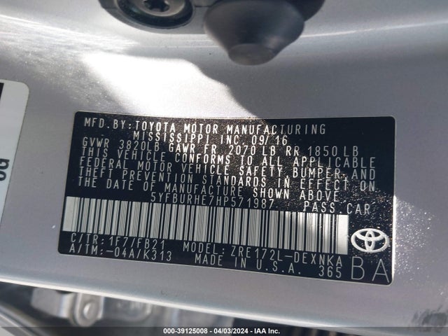 Toyota COROLLA LE 2017 5YFBURHE7HP571987 Image 9