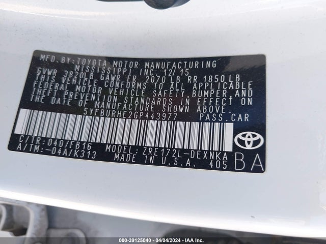 Toyota COROLLA LE 2016 5YFBURHE2GP443977 Image 9