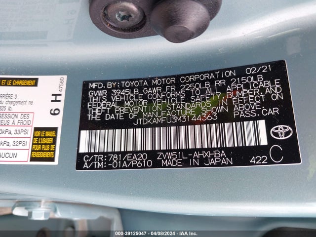 Toyota PRIUS XLE 2021 JTDKAMFU3M3144363 Image 9