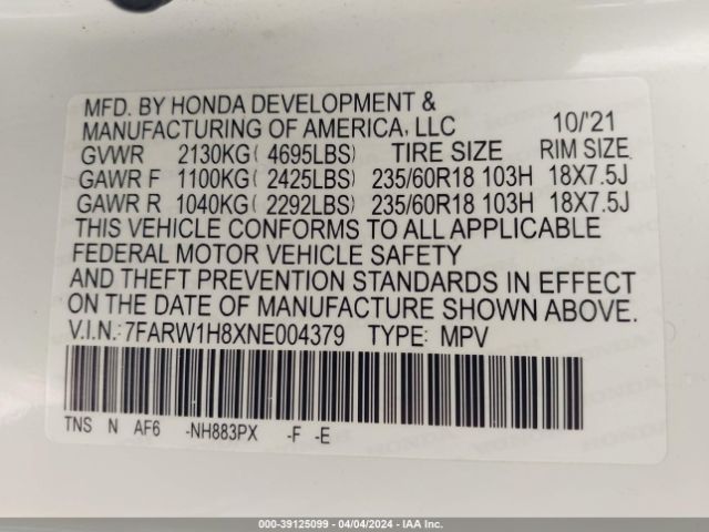 7FARW1H8XNE004379 Honda Cr-v 2wd Ex-l